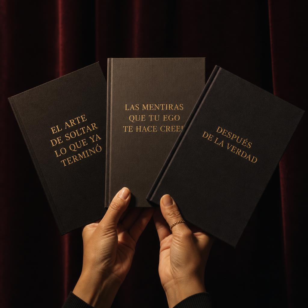 Tres libros oscuros con títulos en oro sobre terciopelo burdeos